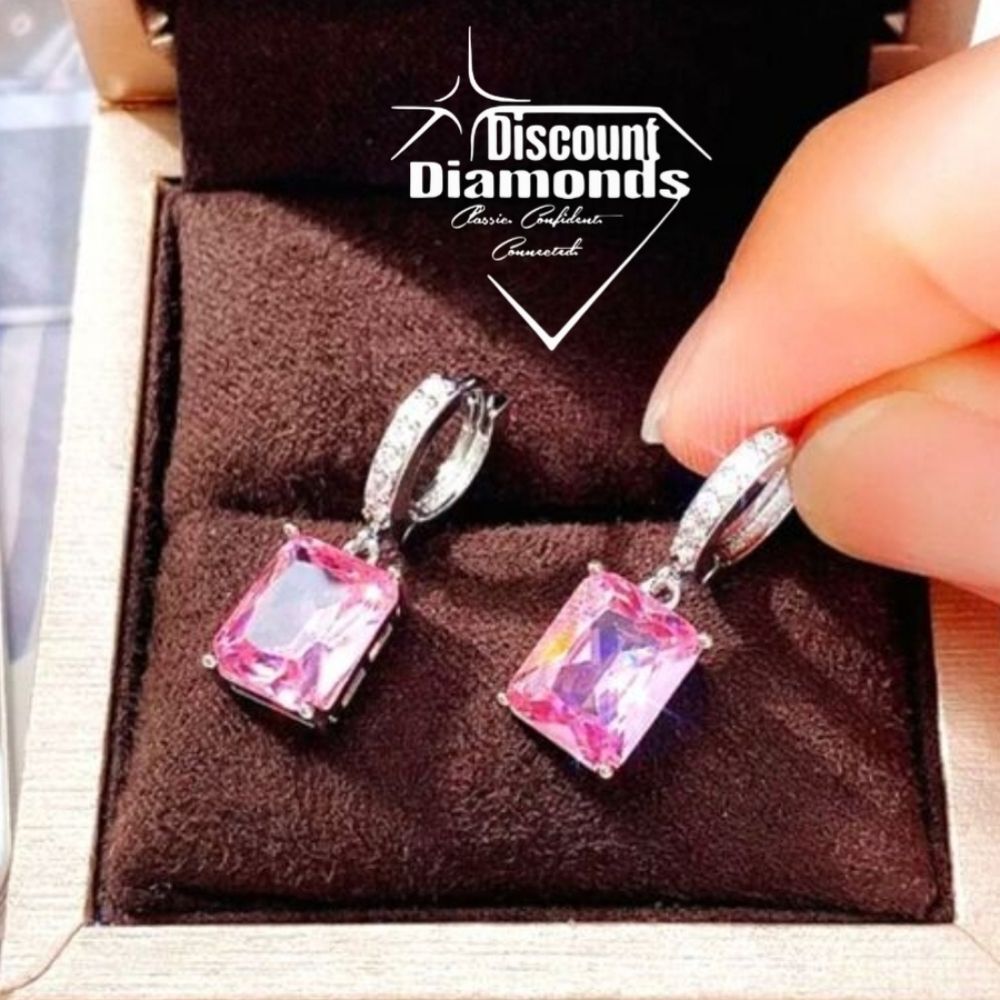 Pink Diamond & Clear White Baguette Hoop Earrings on 925 Sterling Silver